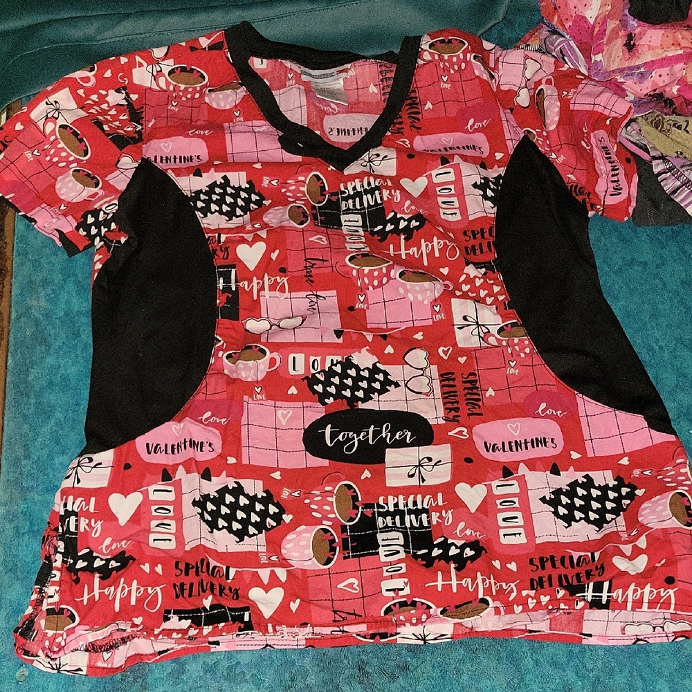 Red and Black Graphic Scrub Top